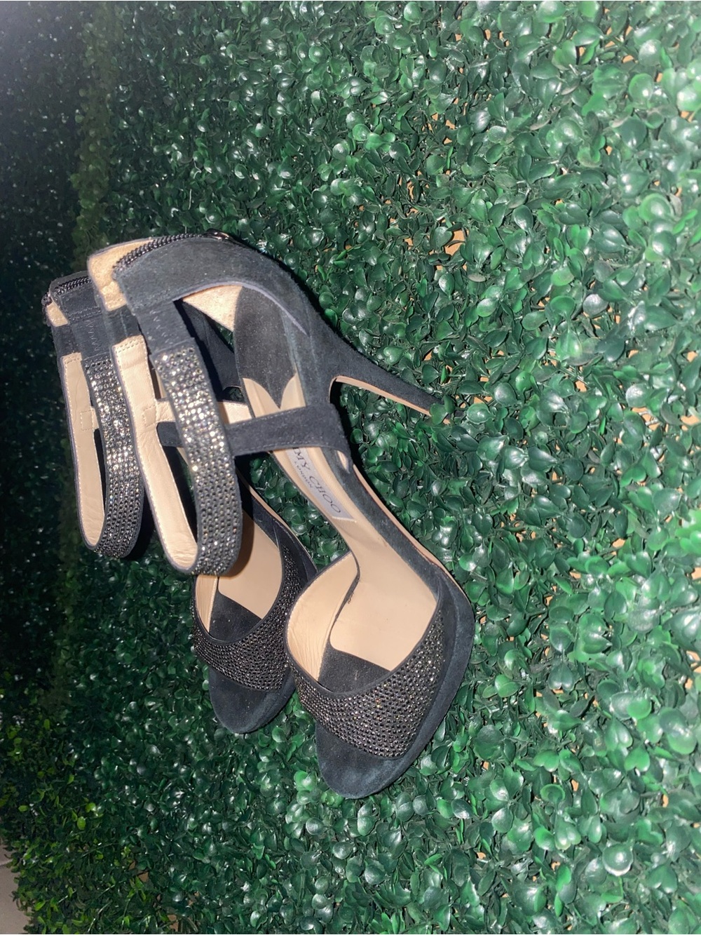 Jimmy Choo Black Suede Crystal-Strap Stiletto Sandals